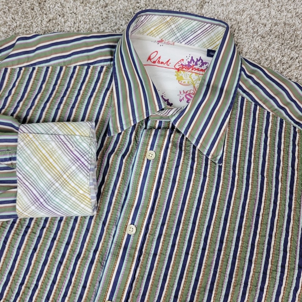 Robert Graham Mens 2XL Multicolor Striped Textured Button Up LS Flip Cuff‎